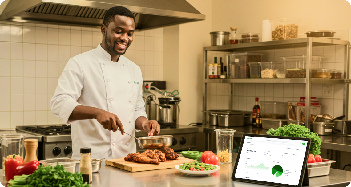 A chef preparing food with live order insights on a tablet