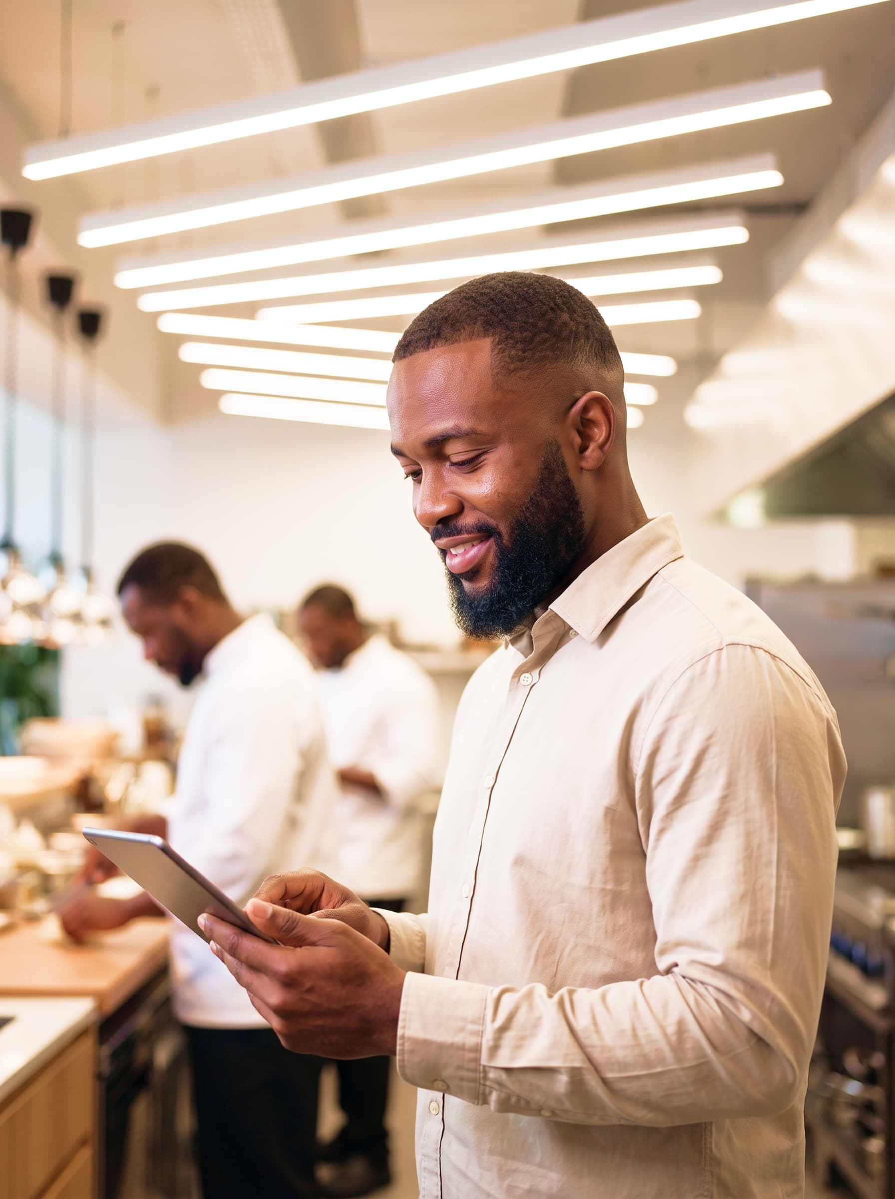 A restaurant manager checking orders on a tablet in the kitchen